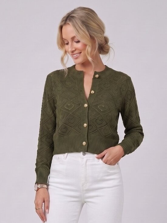 Sweaters - Women's Olive Green Pointelle Knit Cardigan Button Front Hollow Out Sweater